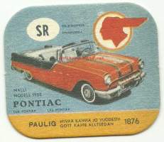 Pontiac  m 1955  - autokortti, keräilykuva, kahvipakettikuva  - uusintapainos / Vuonna 2014 Pauligin Juhla Mokka täytti 85 v ja julkaisi suosituista autokorteista
