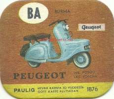 Peugeot   - autokortti, keräilykuva, kahvipakettikuva  - uusintapainos / Vuonna 2014 Pauligin Juhla Mokka täytti 85 v ja julkaisi suosituista autokorteista