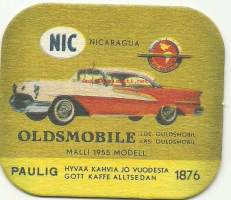 Oldsmobile m 1955   - autokortti, keräilykuva, kahvipakettikuva  - uusintapainos / Vuonna 2014 Pauligin Juhla Mokka täytti 85 v ja julkaisi suosituista