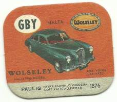 Wolseley m 1955   - autokortti, keräilykuva, kahvipakettikuva  - uusintapainos / Vuonna 2014 Pauligin Juhla Mokka täytti 85 v ja julkaisi suosituista