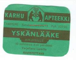 Karhu Apteekki  Tampere- Yskänlääke apteekkietiketti
