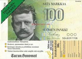 100 markkaa ( 15x30 cm )Turun Sanomien tasarahatarjous - feikkiseteli mainos
