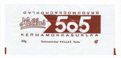 Hellas 505 kermakkosuklaa - suklaakääre   makeiskääre  9x20 cm  vuodelta 1955 /  Oy Hellas Ab oli suomalainen makeisalan yritys, Turussa. Hellaksen tehdas