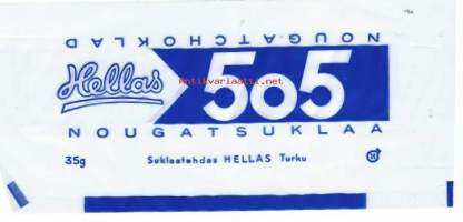 Hellas 505 nougatsuklaa - suklaakääre  makeiskääre  9x20 cm  vuodelta 1955 /  Oy Hellas Ab oli suomalainen makeisalan yritys, Turussa. Hellaksen tehdas aloitti