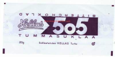 Hellas 505  Tummasuklaa - suklaakääre, makeiskääre   9x20 cm  vuodelta 1955 /  Oy Hellas Ab oli suomalainen makeisalan yritys, Turussa. Hellaksen tehdas aloitti