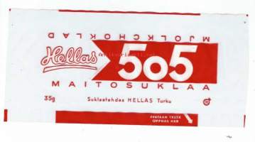 Hellas 505  Maitosuklaa - suklaakääre makeiskääre,   makeiskääre  9x20 cm  vuodelta 1955 /  Oy Hellas Ab oli suomalainen makeisalan yritys, Turussa. Hellaksen