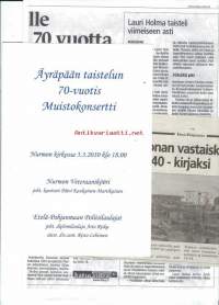 Äyräpään taistelun 70 v muistokonsertti Nurmon kirkossa 2010 - ohjelma ja aiheesen liittyviä lehtileikkeitä