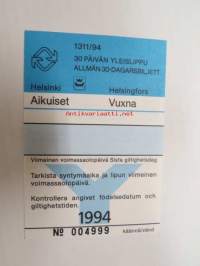 Helsinki / Liikennelaitos / HKL - HST / YTV - 1994 30 päivän yleislippu Aikuiset nr 004999 -matkalippu