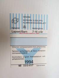 Helsinki / Liikennelaitos / HKL - HST / YTV - 1994 30 päivän yleislippu Lapset nr 000497 -matkalippu