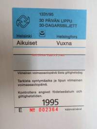Helsinki / Liikennelaitos / HKL - HST / YTV - 1995 30 päivän lippu Aikuiset nr 002364 -matkalippu
