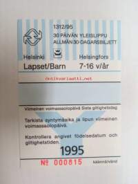 Helsinki / Liikennelaitos / HKL - HST / YTV - 1995 30 päivän yleislippu Lapset nr 000815 -matkalippu