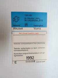 Helsinki / Liikennelaitos / HKL - HST / YTV - 1992 30 päivän lippu Aikuiset nr E 000006 -matkalippu