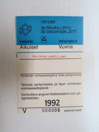 Helsinki / Liikennelaitos / HKL - HST / YTV - 1992 30 päivän lippu Aikuiset nr V 000006 -matkalippu