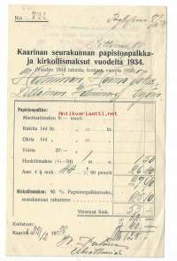 Kaarinan papiston palkka ja kirkollismaksut 1934    - firmalomake