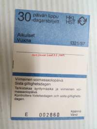 Helsinki / Liikennelaitos / HKL - HST / YTV - 1987 30 päivän lippu Aikuiset  nr E 002860 -matkalippu