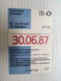 Helsinki / Liikennelaitos / HKL - HST / YTV - 1987 Vuosilippu 1. puolivuosi nr 014790 -matkalippu
