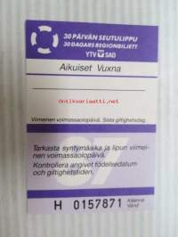Helsinki / Liikennelaitos / HKL - HST / YTV - 1987 30 päivän seutulippu Aikuiset nr H 0157871 -matkalippu