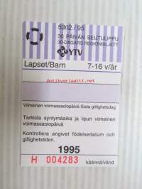 Helsinki / Liikennelaitos / HKL - HST / YTV - 1995 30 päivän seutulippu Lapset nr 004283 -matkalippu