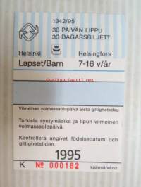 Helsinki / Liikennelaitos / HKL - HST / YTV - 1995 30 päivän lippu Lapset nr K 000182