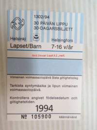 Helsinki / Liikennelaitos / HKL - HST / YTV - 1994 30 päivän lippu Lapset nr 105900