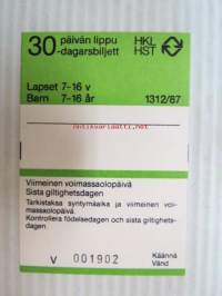 Helsinki / Liikennelaitos / HKL - HST / YTV - 1987 30 päivän lippu Lapset V 001902 -matkalippu