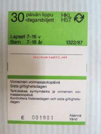 Helsinki / Liikennelaitos / HKL - HST / YTV - 1987 30 päivän lippu Lapset  nr E 001901 -matkalippu