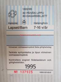 Helsinki / Liikennelaitos / HKL - HST / YTV - 1995 30 päivän lippu Lapset nr 137925 -matkalippu