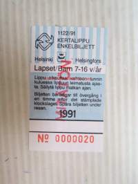 Helsinki / Liikennelaitos / HKL - HST / YTV - 1991 Kertalippu Lapset Mitätön nr 0000020 -matkalippu