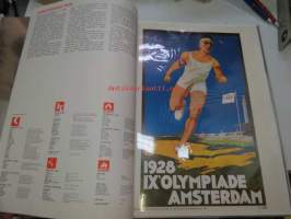 De Olympiske Lekers historia i tretten plakater 1912-1968 -Olympiakisojen julisteet jäljennöksinä (irtonaiset sellofaanilehden alla), julisteet kokoa 25 x 35 cm.