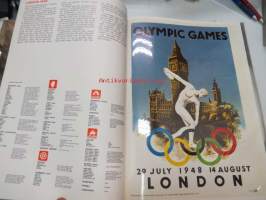 De Olympiske Lekers historia i tretten plakater 1912-1968 -Olympiakisojen julisteet jäljennöksinä (irtonaiset sellofaanilehden alla), julisteet kokoa 25 x 35 cm.