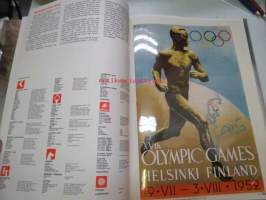 De Olympiske Lekers historia i tretten plakater 1912-1968 -Olympiakisojen julisteet jäljennöksinä (irtonaiset sellofaanilehden alla), julisteet kokoa 25 x 35 cm.