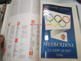 De Olympiske Lekers historia i tretten plakater 1912-1968 -Olympiakisojen julisteet jäljennöksinä (irtonaiset sellofaanilehden alla), julisteet kokoa 25 x 35 cm.