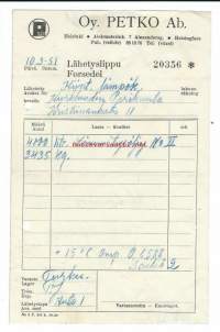 Petko Oy Ab Helsini Lähetyslippu, lämmitysöljyä 1951  - firmalomake