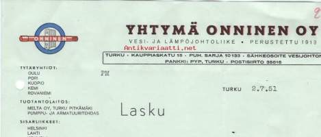 Yhtymä-Onninen Oy Turku  1951  - firmalomake