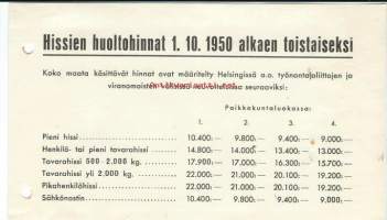 Hissien huoltohinnat 1.10.1950 alkaen toistaiseksi viranomaisten ja työnantajaliittojen mukaan - hinnasto
