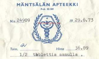 Mäntsälän Apteekki  Mäntsälä -   reseptipussi  resepti signatuuri  1973