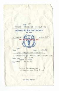Mäntsälän Apteekki  Mäntsälä -   reseptipussi  resepti signatuuri  1973