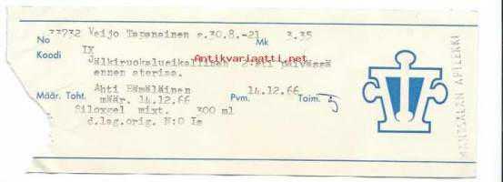 Mäntsälän Apteekki  Mäntsälä -     resepti signatuuri  1966