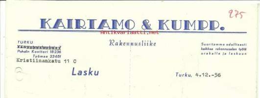 Kairtamo &amp; Kumpp Rakennusliike  Turku 1956  -  firmalomake