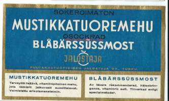 Mustikkatuoremehu  -  tuote-etiketti  1930-40-luku /Vuonna 1936 perustetaan puutarhatuotteiden Jalostaja, jonka tarkoituksena on puutarhatuotteiden tehdasmainen