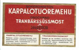Karpalotuoremehu  -  tuote-etiketti  1930-40-luku /Vuonna 1936 perustetaan puutarhatuotteiden Jalostaja, jonka tarkoituksena on puutarhatuotteiden tehdasmainen