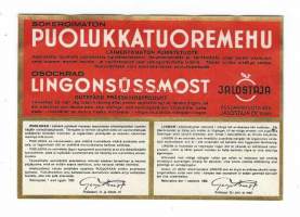 Puolukkatuoremehu  -  tuote-etiketti  1930-40-luku /Vuonna 1936 perustetaan puutarhatuotteiden Jalostaja, jonka tarkoituksena on puutarhatuotteiden tehdasmainen