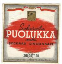 Puolukka mehu  -  tuote-etiketti  1930-40-luku /Vuonna 1936 perustetaan puutarhatuotteiden Jalostaja, jonka tarkoituksena on puutarhatuotteiden tehdasmainen