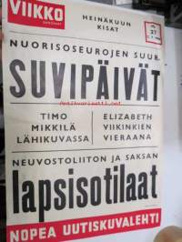 Viikko Sanomat nr 27, 7.7.1955 mainosjuliste / &quot;lööppi&quot; - Nuorisoseurojen Suur-Suvipäivät, Timo Mikkilä lähikuvassa, Elizabeth viikinkien vieraana,