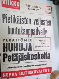 Viikko Sanomat nr 17, 28.4.1955 mainosjuliste / &quot;lööppi&quot; - Pietikäisten veljesten huutokauppailveily, Perättömiä huhuja Petäjäskoskelta, Albert Salmi Broadwayllä