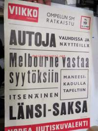 Viikko Sanomat nr 19, 12.5.1955 mainosjuliste / &quot;lööppi&quot; - Autoja vauhdissa ja näytteillä, Melbourne vastaa syytöksiin, Maneesikadulla tapeltiin, Itsenäinen