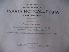 Talouskartta  Inarin hoitoalueesta 1. karttalehti/ 18 Inarin kunnassa kartoittanut ilmakuvien pohjalta 1954 -55 metsänarvostelija Kullervo Kuusela / kartta 73 x100