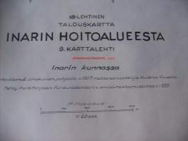 Talouskartta  Inarin hoitoalueesta 9. karttalehti/ 18 Inarin kunnassa kartoittanut ilmakuvien pohjalta 1957 metsänarvostelija Kullervo Kuusela / kartta 73 x100 cm