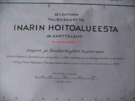 Talouskartta  Inarin hoitoalueesta 10. karttalehti/ 18 Inarin kunnassa kartoittanut ilmakuvien pohjalta 1956 metsänarvostelija Kullervo Kuusela / kartta 73 x100 cm