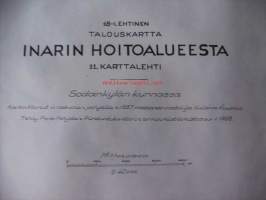 Talouskartta  Inarin hoitoalueesta 11. karttalehti/ 18 Inarin kunnassa kartoittanut ilmakuvien pohjalta 1957 metsänarvostelija Kullervo Kuusela / kartta 73 x100 cm